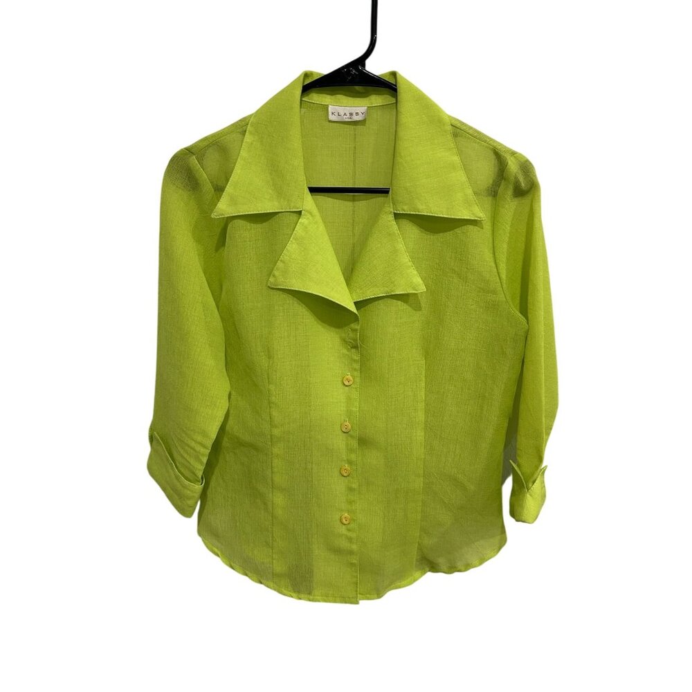 Klassy Womens Lime Button-Up Collared Blouse 3/4 Sleeve Lightweight Sheer Small